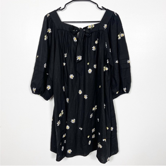 NWOT Madewell Square-Neck Pleat-Detail Black Mini Dress in Lazy Daisies XXS - Picture 7 of 11